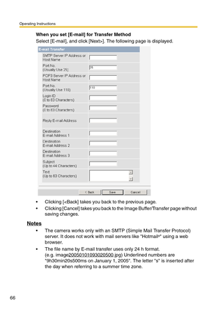 Page 66Operating Instructions
66
When you set [E-mail] for Transfer Method
Select [E-mail], and click [Next>]. The following page is displayed.
 Clicking [