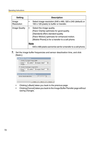 Page 72Operating Instructions
72
7.Set the image buffer frequencies and sensor deactivation time, and click 
[Next>].
 Clicking [