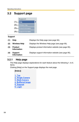 Page 94Operating Instructions
94
3.2 Support page
3.2.1 Help page
The Help page displays explanations for each feature about the following 1. to 6. 
items.
Clicking [Help] on the Support page displays the next page.
Support
(1)HelpDisplays the Help page (see page 94).
(2)Wireless HelpDisplays the Wireless Help page (see page 95).
(3)Product 
InformationDisplays product information website (see page 95).
(4)Support 
InformationDisplays support information website (see page 95).
(1)
(2)
(3)
(4) 