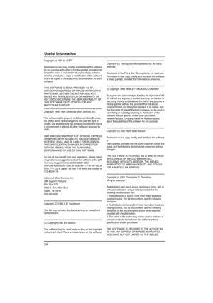 Page 2424
Useful Information
Copyright (c) 1991 by AT&T.
Permission to use, copy, modify, and distribute this software 
for any purpose without fee is hereby granted, provided that 
this entire notice is included in all copies of any software 
which is or includes a copy or modification of this software 
and in all copies of the supporting documentation for such 
software.
THIS SOFTWARE IS BEING PROVIDED AS IS, 
WITHOUT ANY EXPRESS OR IMPLIED WARRANTY.IN 
PARTICULAR, NEITHER THE AUTHOR NOR AT&T 
MAKES ANY...