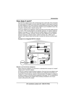 Page 77[For assistance, please call: 1-800-272-7033]
Introduction
How does it work?
Each HD-PLC adaptor has an AC cord that plugs into a wall outlet. This connection 
not only powers the adaptor, but also allows the adaptor to send data to and from 
the other adaptors in your home using your existing electrical wiring. Each adaptor 
also has a LAN jack, which connects each adaptor to your broadband router, hub, 
computer, network printer, network camera, etc.
Once your adaptors are registered, simply plug them...