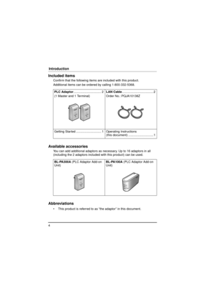 Page 44
Introduction
Included items
Confirm that the following items are included with this product.
Additional items can be ordered by calling 1-800-332-5368.
Available accessories
You can add additional adaptors as necessary. Up to 16 adaptors in all 
(including the 2 adaptors included with this product) can be used.
Abbreviations
 This product is referred to as “the adaptor” in this document.PLC Adaptor
................................ 2
(1 Master and 1 Terminal)  LAN Cable...