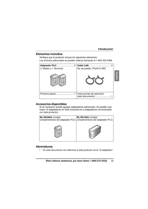 Page 3333[Para obtener asistencia, por favor llame: 1-800-272-7033]
Introducción
Elementos incluidos
Verifique que el producto incluya los siguientes elementos.
Los artículos adicionales se pueden ordenar llamando al 1-800-332-5368.
Accesorios disponibles
Si es necesario, puede agregar adaptadores adicionales. Es posible usar 
hasta 16 adaptadores en total (inclusive los 2 adaptadores suministrados 
con este producto).
Abreviaturas
 En este documento nos referimos a este producto como “el adaptador”.Adaptador...