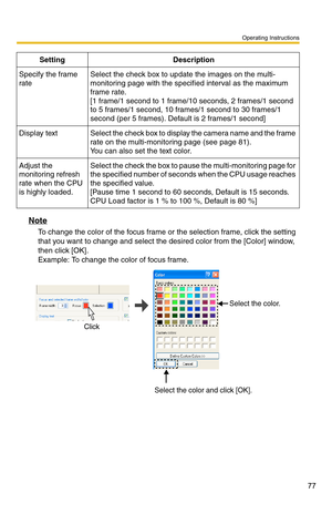 Page 91
Operating Instructions
77
Note
To change the color of the focus frame or the selection frame, click the setting 
that you want to change and select the desired color from the [Color] window, 
then click [OK].
 
Example: To change the color of focus frame.
Click
Select the color.
Select the color and click [OK].
Specify the frame 
rateSelect the check box to update the images on the multi-
monitoring page with the specified interval as the maximum 
frame rate.
 
[1 frame/1 second to 1 frame/ 10 seconds,...