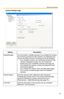 Page 35
Operating Instructions
21
Camera Settings Page
SettingDescription
Enable/DisableYou can enable or disable cameras. If you disable the camera, 
the monitoring window for that camera is not displayed and 
manual recording and timer recording cannot be operated.
 If you disable a camera, the monitoring window for that camera is displayed as gray.  You can change the 
background color of disabled cameras (see 
page 76).
 If you disable the camera, manual recording and timer  recording is stopped.
 If you...