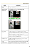 Page 99
Operating Instructions
85
SettingDescription
Playback Screen 
LayoutConfigure the screen layout (rows x columns) for a window.
[1 x 1, 2 x 2 (Default)]
Playback position 
display formatSet the display format of the multi-playback page.
[Display timelines as chart]
  
[Standard]
  
Image display 
for matConfigure the aspect ratio of displayed camera images.
Fits the entire display area: Resize the image to fit in the display 
area.
Maintain the aspect ratio: Resize the image to fit the window 
while...