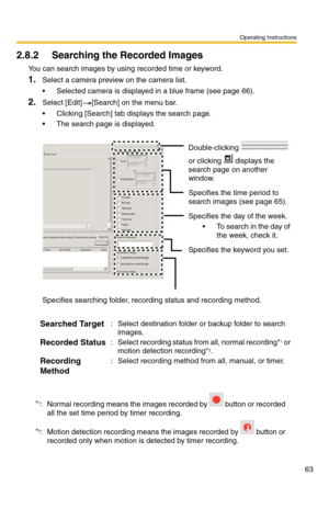 Page 63Operating Instructions
63
2.8.2 Searching the Recorded Images
You can search images by using recorded time or keyword.
1.Select a camera preview on the camera list.
 Selected camera is displayed in a blue frame (see page 66).
2.Select [Edit] [Search] on the menu bar.
 Clicking [Search] tab displays the search page.
 The search page is displayed.
Double-clicking  
or clicking   displays the 
search page on another 
window.
Specifies the time period to 
search images (see page 65).
Specifies the day of...