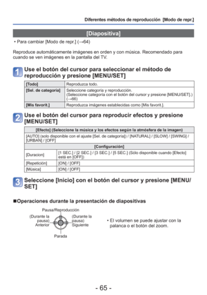 Page 65- 65 -
Diferentes métodos de reproducción  [Modo de repr.]
 [Diapositiva]
 • Para cambiar [Modo de repr.] (→64)
Reproduce automáticamente imágenes en orden y con música. Recom\
endado para 
cuando se ven imágenes en la pantalla del TV.
Use el botón del cursor para seleccionar el método de 
reproducción y presione [MENU/SET]
[Todo] Reproduzca todo.
[Sel. de categoría] Seleccione categoría y reproducción. 
(Seleccione categoría con el botón del cursor y presione [MENU/SE\
T].) 
(→66)
[Mis favorit.]...