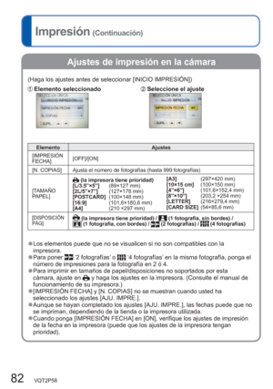 Page 8282   VQT2P58
Impresión (Continuación)
  Ajustes de impresión en la cámara
(Haga los ajustes antes de seleccionar [INICIO IMPRESIÓN])
Elemento seleccionadoSeleccione el ajuste
Elemento Ajustes
[IMPRESIÓN 
FECHA][OFF]/[ON]
[N. COPIAS] Ajusta el número de fotografías (hasta 999 fotografías)
[TAMAÑO 
PAPEL]
 (la impresora tiene prioridad)
[L/3.5”×5”]     (89×127 mm)
[2L/5”×7”]      (127×178 mm)
[POSTCARD]  (100×148 mm)
[16:9]           (101,6×180,6 mm)
[A4]              (210 ×297 mm)[A3]             (297×420...