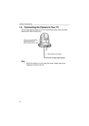 Page 14Installation/Troubleshooting
14
1.5 Connecting the Camera to Your TV
You can view camera images on a TV or record them using a video recording 
device (VCR, DVD recorder, etc.).
Note
 When the camera is in color night view mode, images may not be 
displayed correctly on the TV.
Analog composite (NTSC)
video output terminal
(  3.5 mm plug 1Vp-p, 75Ω)
Video cable (not included)
To video input terminal
kxhcm280ait.book  14 ページ  ２００５年３月９日　水曜日　午後１時２３分 