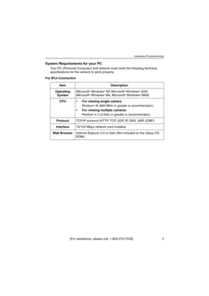 Page 3Installation/Troubleshooting
[For assistance, please call: 1-800-272-7033]                                 3
System Requirements for your PC
Your PC (Personal Computer) and network must meet the following technical 
specifications for the camera to work properly.
For IPv4 Connection
ItemDescription
Operating 
SystemMicrosoft® Windows® XP, Microsoft® Windows® 2000
Microsoft® Windows® Me, Microsoft® Windows® 98SE
CPUFor viewing single camera
Pentium® III (800 MHz or greater is recommended.)
For viewing...