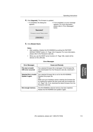 Page 113Operating Instructions
[For assistance, please call: 1-800-272-7033] 113
System
Features
4.Click[Upgrade]. The firmware is updated.
5.Click[Restart Now!].
Notes
 After updating, initialize the KX-HGW600 by pushing the FACTORY
DEFAULT RESET button ( Page 124) if required. For more information,
please refer to the Panasonic web site.
 When you use the DHCP server function ( Page 106), restart all the
devices on the LAN side.
Error Messages  If completed, the dialog box
appears. If not completed, an...