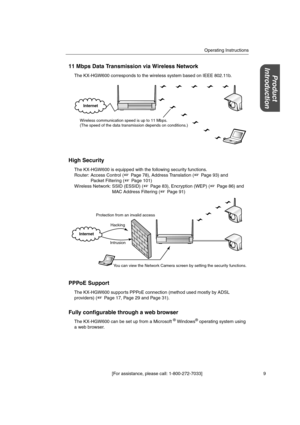 Page 9Operating Instructions
[For assistance, please call: 1-800-272-7033] 9
Product
Introduction
11 Mbps Data Transmission via Wireless Network
The KX-HGW600 corresponds to the wireless system based on IEEE 802.11b.
High Security
The KX-HGW600 is equipped with the following security functions.
Router: Access Control ( Page 78), Address Translation ( Page 93) and
Packet Filtering ( Page 101)
Wireless Network: SSID (ESSID) ( Page 83), Encryption (WEP) ( Page 86) and
MAC Address Filtering ( Page 91)
PPPoE...