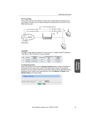 Page 97Operating Instructions
[For assistance, please call: 1-800-272-7033] 97
System
Features
Port Forwarding
This function connects each Network Camera with a single global IP address and its
port number. This way, you can view the Network Camera screen from the PC on the
WA N ( I n te r n et ) si d e.

To assign a single global IP address vvv.xxx.yyy.zzz to multiple private IP addresses
192.168.0.1 and 192.168.0.2, enter as follows:
To change the priority
When you add two or more entries,Change of...