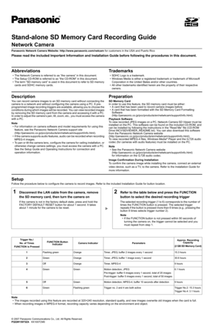 Page 1Stand-alone SD Memory Card Recording Guide
Network Camera
Panasonic Network Camera Website: http://www.panasonic.com/netcam for customers in the USA and Puerto Rico
Please read the included Important Information and Installation Guide before following the procedures in this document.
Description
You can record camera images to an SD memory card without connecting the 
camera to a network and without configuring the camera using a PC. 6 pre-
programmed image recording triggers are available, allowing you...