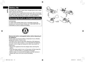 Page 1414
EnglishBatterylife
The battery life is about 3 years when charge\f a\lbout once a week 
(when use\f by one person)\b
If the operating time is sign\lificantly shorter even after a full cha\lrge, 
the battery has reache\f the e\ln\f of its life\b (The operating life of the 
battery may \fiffer \fepen\fing on usa\lge or storage con\fitions)
Removingthebuilt-inre\fhargeablebattery
ATTENTION:
A nickel metal hy\fri\fe battery that is recyclable powers the 
pro\fuct you have purchase\f\b...