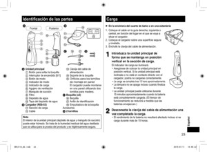 Page 2323
Español
Identificacióndelaspartes



 
 




 





FrontalPosterior
A Unidadprincipal1	 Botón	para	soltar	la	boquilla2	Interruptor	de	encendido	[0/1]3	 Botón	de	modo4	 Indicador	de	modo5	 Indicador	de	carga6	 Agujero 	de	ventilación7	 Manguito	de	succión8	 Filtro9	 Depósito	de	agua	 Tapa	del	depósito	 de	aguaBCargador(RE8-53)	 Sección	de	carga	 Cable
	 Clavija	del	cable	de	
alimentación
>	 Soporte	de	la	boquilla?	Orificios	para	los	tornillos	 de...