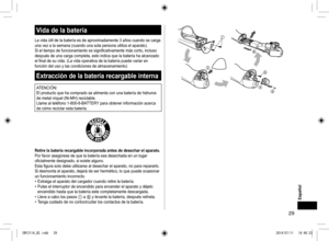 Page 2929
Español
Vidadelabatería
La	vida	útil	de	la	batería	es	de	aproximadamente	3	años	cuando	se	carga	
una	vez	a	la	semana	(cuando	una	sola	persona	utiliza	el	aparato).
Si	el	tiempo	de	funcionamiento	es	significativamente	más	corto,	incluso	
después	de	una	carga	completa,	esto	indica	que	la	batería	ha	alcanzado	
el	final	de	su	vida.	(La	vida	operativa	de	la	batería	puede	variar	en	
función	del	uso	y	las	condiciones	de	almacenamiento)
Extraccióndelabateríarecargableinterna...