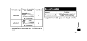 Page 49 49
Português
Número da peçaEscova de reposição 
para EW- DS90Quantidade
WEW0965
(Escova com cerdas  de ponta tripla ) 2
WEW0957
(Escova com cerdas  de ponta dupla) 2
•
 
Apenas a Escova de reposição para EW-
 DS90 pode ser 
usada.
Especificações
Modelo Nº EW- DS90
Fonte de alimentação LR03 (pilha alcalina AAA) x 1 
(vendida separadamente)
Este produto foi concebido apenas para utilização doméstica.
EW-DS90_AM.indb   492012/06/04   13:12:33   