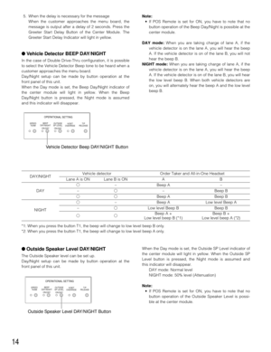 Page 1414
Note:• If POS Remote is set for ON, you have to note that no button operation of the Beep Day/Night is possible at the
center module.
DAY mode: When you are taking charge of lane A, if the
vehicle detector is on the lane A, you will hear the beep
A. If the vehicle detector is on of the lane B, you will not
hear the beep B.
NIGHT mode: When you are taking charge of lane A, if the
vehicle detector is on the lane A, you will hear the beep
A. If the vehicle detector is on of the lane B, you will hear
the...
