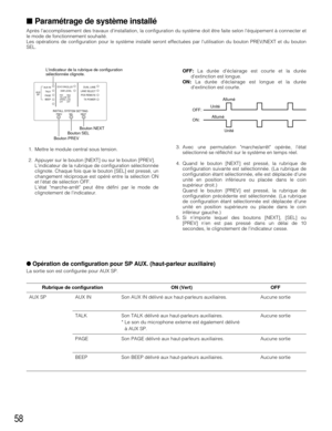 Page 5858
Paramé trage de systè me installé 
Après laccomplissement des travaux dinstallation, la configuration \
du système doit être faite selon léquipement à connecter  et
le mode de fonctionnement souhaité.
Les opérations de configuration pour le système installé seront\
 effectuées par lutilisation du bouton  PREV/NEXT et du bouton
SEL.
1. Mettre le module central sous tension.
2. Appuyer sur le bouton [NEXT] ou sur le bouton [PREV]. Lindicateur de la rubrique de configuration sélectionnée
clignote....