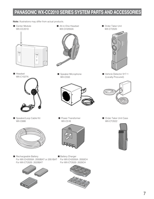 Page 77
PANASONIC WX-CC2010 SERIES SYSTEM PARTS AND ACCESSORIES
■All-in-One Headset
WX-CH2050A■Order Taker Unit
WX-CT2020
■Order Taker Unit Case
WX-CT2022
■Speaker Microphone
WX-C550
■Battery Charger
For WX-CH2050A: 2050CH
For WX-CT2020: 2020CH
■Vehicle Detector 917-1
(Locally Procured)
■Rechargeable Battery
For WX-CH2050A: 2050BAT or 2051BAT
For WX-CT2020: 2020BAT
■Speaker/Loop Cable Kit
WX-C688
AB
WX-CT2020
WX-CC2010TRANSCEIVER
MONITOR
POWER
VEHICLE
PRESENT
C
o
n
d
itio
n
in
gConditionC
h
arg
in
gReady...