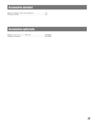 Page 3939
Batterie (Li-ion 3,7 V c.c., 1 100 mAh) ................................... WX-B3030
Chargeur de batterie  ............................................................. WX-Z3040
Accessoires optionnels
Accessoires standard
Manuel dutilisation (cette documentation) ............................ 1 él.
Protecteur de tête  .................................................................. 2 él. 