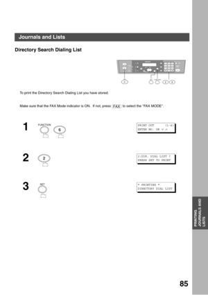 Page 85PRINTING JOURNALS AND LISTS
85
PRINTING
JOURNALS AND
LISTS
Directory Search Dialing List
To print the Directory Search Dialing List you have stored.
Make sure that the FAX Mode indicator is ON.  If not, press   to select the FAX MODE.
1
  
2
3
12
45
78
03
6
9
abc..+ -
FUNCTIONSET26FA X
FAX
FUNCTION
6
PRINT OUT      (1-4)
ENTER NO. OR 
∨ ∧
22:DIR. DIAL LIST ?
PRESS SET TO PRINT
SET* PRINTING *
DIRECTORY DIAL LIST
Journals and Lists 