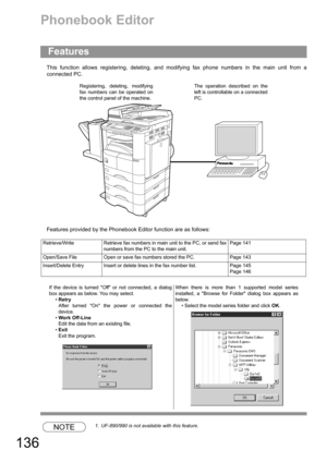 Page 136136
Phonebook Editor
This function allows registering, deleting, and modifying fax phone numbers in the main unit from a
connected PC.
Features provided by the Phonebook Editor function are as follows:
NOTE1. UF-890/990 is not available with this feature.
Features
Registering, deleting, modifying
fax numbers can be operated on
the control panel of the machine.The operation described on the
left is controllable on a connected
PC.
Retrieve/Write  Retrieve fax numbers in main unit to the PC, or send fax...