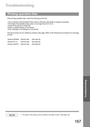 Page 167167
Troublesshooting
Troubleshooting
Troubleshooting
If the printing operation fails, check the following points first:
 The connection cable (Parallel Printer Cable or Ethernet LAN Cable) is properly connected.
 The length of the parallel printer cable is not longer than 20 ft. (6 m).
 Power of the device is turned ON.
 Paper is loaded properly on the device.
 Error message is not displayed on the device.
The above points can be verified by printing a test page. Refer to the following for...