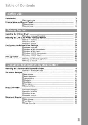 Page 33
Table of Contents
Precautions .....................................................................................................................6
QFor User in USA ............................................................................................. 6
External View and Control Panel .................................................................................. 7
QExternal View ................................................................................................. 7
QControl...
