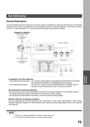 Page 75NETWORK FEATURE
75
NETWORK
FEATURE
Sub-Addressing
General Description
The Sub-Addressing function allows you to fur ther routing or forwarding or relaying of document(s) to the desired
recipient(s) when used in combination with the Networking version of LaserFax software. This function conforms
to the ITU-T recommendation for T. Routing-Facsimile Routing utilizing the Sub-Address.
Compatibility with Other Machines
Sub-Addressing Transmission:...