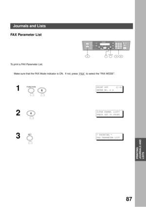 Page 87PRINTING JOURNALS AND LISTS
87
PRINTING
JOURNALS AND
LISTS
Journals and Lists
FAX Parameter List
To print a FAX Parameter List:
Make sure that the FAX Mode indicator is ON.  If not, press   to select the FAX MODE.
1
  
2
3
12
45
78
03
6
9
abc..+ -
FUNCTIONSET46FA X
FAX
FUNCTION
6
PRINT OUT      (1-4)
ENTER NO. 
∨ ∧
44:FAX PARAM. LIST?
PRESS SET TO PRINT
SET* PRINTING *
FAX PARAMETER LIST 
