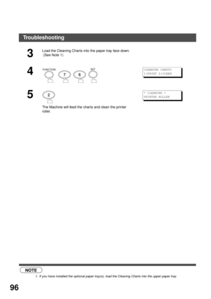 Page 96MAINTENANCE
96
 (see Note 1)
3
Load the Cleaning Charts into the paper tray face down.
 (See Note 1)
4
        
5
The Machine will feed the charts and clean the printer 
roller.
NOTE
1. If you have installed the optional paper tray(s), load the Cleaning Charts into the upper paper tray.
FUNCTION
76
SETCLEANING CHARTS 
1:PRINT 2:CLEAN
2* CLEANING * 
PRINTER ROLLER
Troubleshooting 