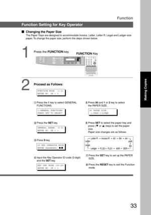 Page 3333
Function Setting for Key Operator
  
Changing the Paper Size
The Paper Trays are designed to accommodate Invoice, Letter, Letter R, Legal and Ledger size
paper. To change the paper size, perform the steps shown below.
1
FUNCTION Key
2
Proceed as Follows:
#Press the 1 key to select GENERAL
FUNCTIONS.
$Press the SET key.
%Press 9 key.
&Input the Key Operator ID code (3 digit)
and the SET key.(Press 00 and 1 or 2 key to select
the PAPER SIZE.
)Press SET to select the paper tray and
press (G or F)...