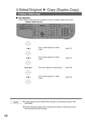 Page 1616
2-Sided/1-Sided Copy
2-Sided/Original 
H HH H
H Copy (Duplex Copy)
  
Key Operation
Press 2-Sided/1-Sided Copy key (circulation) to select a 2-Sided/1-Sided Copy function.
1 \ 2From 1-sided originals to 2-sided
copies.(See P.17)
2 \ 2From 2-sided originals to 2-sided
copies.(See P.17)
Book \ 2From book originals to 2-sided copies. (See P.18)
2 \ 1From 2-sided originals to 1-sided
copies.(See P.19)
NOTE
PHOTO
TEXT/
PHOTO
TEXT
DARKER LIGHTERPAPER
TRAY OUTPUT
TRAY
ON LINE
DATA ON LINEABBRDIRECTORY...