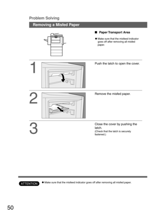 Page 5050
Removing a Misfed Paper
CMake sure that the misfeed indicator goes off after removing all misfed paper.
1
2
3
Push the latch to open the cover.
Remove the misfed paper.
Close the cover by pushing the
latch.
(Check that the latch is securely
fastened.)
Paper Transport  Area
CMake sure that the misfeed indicator
goes off after removing all misfed
paper.
ATTENTION
Problem Solving 