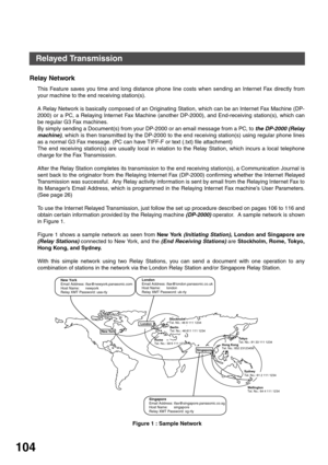 Page 104NETWORK FEATURE
104
Relay Network
This Feature saves you time and long distance phone line costs when sending an Internet Fax directly from
your machine to the end receiving station(s).
A Relay Network is basically composed of an Originating Station, which can be an Internet Fax Machine (DP-
2000) or a PC, a Relaying Internet Fax Machine (another DP-2000), and End-receiving station(s), which can
be regular G3 Fax machines. 
By simply sending a Document(s) from your DP-2000 or an email message from a PC,...