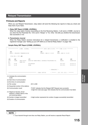 Page 115NETWORK FEATURE
NETWORK
FEATURE
115
Printouts and Reports
When you use Relayed Transmission, relay station will send the following two reports to help you check and
keep track of your faxes.
1. Relay XMT Report (COMM. JOURNAL)
When the relay station finishes transmitting to the End Receiving Station, it will send a COMM. Journal to
you when the Fax Parameter No. 143 is set to Always or Inc. Only, this tells you whether the transmission
was successful or not.
2. Transmission Journal
When the Relay Station...