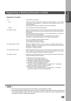 Page 29INSTALLING YOUR MACHINE
INSTALLING 
YOUR MACHINE
29
Explanation of Contents (see Note 1)  (see Note 2)
(1) To : The DP-2000’s email address
From : This field is normally not visible when creating new email message(s).  It is your default
email address (email application), for retrieving the Internet Parameters and for error
message notification.
(Can be programmed with the configuration tool of your email program.)
Subject : To Store data, type: #set parameters(password)#
(2) @sender to @end : Defines...