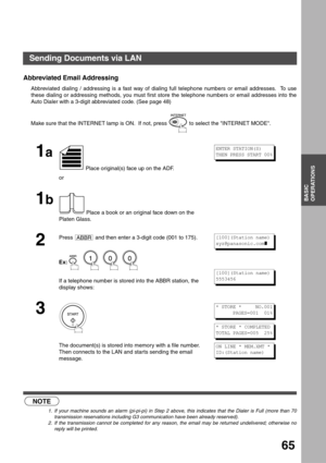 Page 65BASIC OPERATIONS
BASIC
OPERATIONS
65
Abbreviated Email Addressing 
Abbreviated dialing / addressing is a fast way of dialing full telephone numbers or email addresses.  To use
these dialing or addressing methods, you must first store the telephone numbers or email addresses into the
Auto Dialer with a 3-digit abbreviated code. (See page 48)     
 (see Note 1)  (see Note 2)Make sure that the INTERNET lamp is ON.  If not, press   to select the INTERNET MODE.
1a
 Place original(s) face up on the ADF.
or
1b...