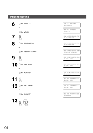 Page 96ADVANCED FEATURES
96
6
 for INVALID
or
 for VALID
7
8
 for ORIGINATOR
or
 for RELAY STATION
9
10
 for INC.  ONLY
or
 for ALWAYS
11
12
 for INC.  ONLY
or
 for ALWAYS
13
  
1
2
153 TSI ROUTING
 1:INVALID
153 TSI ROUTING
 2:VALID
154 ROUTE HEADER FMT
 1:ORIGINATOR
1
2
154 ROUTE HEADER FMT
 1:ORIGINATOR
154 ROUTE HEADER FMT
 2:RELAY STATION
155 PRINT ROUTED DOC
 1:INC. ONLY
1
2
155 PRINT ROUTED DOC
 1:INC. ONLY
155 PRINT ROUTED DOC
 2:ALWAYS
156 PRT FORWARD DOC
 1:INC. ONLY
1
2
156 PRT FORWARD DOC
 1:INC....