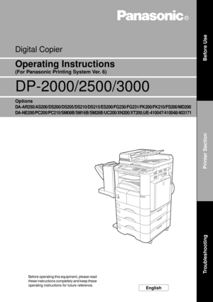 Page 1Operating Instructions 
(For Panasonic Printing System Ver. 6)
Digital Copier
Before operating this equipment, please read 
these instructions completely and keep these 
operating instructions for future reference.
English
DP-2000/2500/3000
Options
DA-AR250/AS200/DS200/DS205/DS210/DS215/ES200/FG230/FG231/FK200/FK210/FS200/MD200
DA-NE200/PC200/PC210/SM08B/SM16B/SM28B/UC200/XN200/XT200;UE-410047/410048/403171
Before Use Printer Section
Troubleshooting 