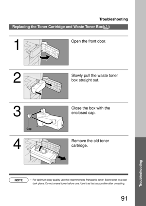 Page 91Troubleshooting
91
Troubleshooting
Replacing the Toner Cartridge and Waste Toner Box( )
Cap
NOTE
2 1
3
4
Open the front door.
Slowly pull the waste toner 
box straight out.
Close the box with the 
enclosed cap.
Remove the old toner 
cartridge.
For optimum copy quality use the recommended Panasonic toner. Store toner in a cool 
dark place. Do not unseal toner before use. Use it as fast as possible after unsealing. 