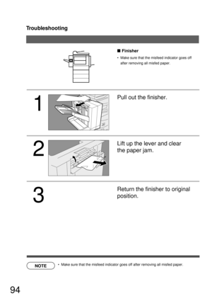 Page 94Troubleshooting
94
  
NOTE
1
2
3
Finisher
Pull out the finisher.
Lift up the lever and clear 
the paper jam.
Return the finisher to original 
position.
  Make sure that the misfeed indicator goes off 
after removing all misfed paper.
  Make sure that the misfeed indicator goes off after removing all misfed paper. 