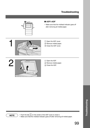 Page 99Troubleshooting
99
TroubleshootingNOTE
1
2
ADF/i-ADF
Open the ADF cover.
Remove misfed paper.
Close the ADF cover.
  Push the tab       on the center of the ADF cover to close it.
  Make sure that the misfeed indicator goes off after removing all misfed paper.  Make sure that the misfeed indicator goes off 
after removing all misfed paper.
Open the ADF.
Remove misfed paper.
Close the ADF. 
