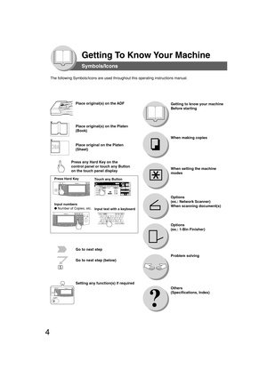 Page 44
Getting To Know Your Machine
The following Symbols/Icons are used throughout this operating instructions manual.
Place original(s) on the ADF
Place original(s) on the Platen
(Book)
Place original on the Platen
(Sheet)
Press any Hard Key on the
control panel or touch any Button
on the touch panel display
Input text with a keyboard Input numbers
● Number of Copies, etc.
Go to next step
Go to next step (below)
Setting any function(s) if requiredWhen making copies
Options
(ex.: Network Scanner)
When...