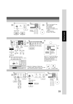 Page 3333
Making Copies
6
Copy Format
or
Number
of Copies
∗
N in 1 modeOriginal
directionCopy
layout
or
or
or
●Copy is automatically reduced.
       2 in 1: 65 %, 4 in 1: 50 %, 6 in 1: 38 %
       (ex. Letter to Letter- size)
Number
of Copies
Binding
positionCover mode and
Paper Tray
or
When Last Original? mes-
sage is displayed.
Ex: 2 originals
Touch NO button.
Place next original on the
platen.
3Press Start Key.
4Touch YES button.
ex. 2 in 1
or
345
35
45
Reduction/
Enlargement
only
When 2 in 1 copying with...