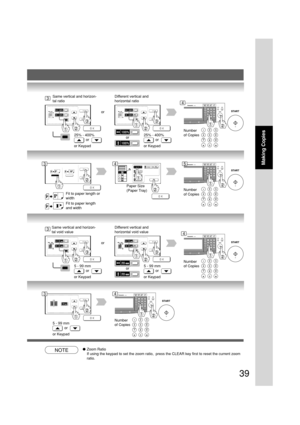 Page 3939
Making Copies
or Same vertical and horizon-
tal ratio
25% - 400%
or
or KeypadDifferent vertical and
horizontal ratio
25% - 400%
or
or Keypad
or
Number
of Copies
Number
of CopiesFit to paper length or
width
Fit to paper length
and width
Paper Size
(Paper Tray)
or Same vertical and horizon-
tal void value
5 - 99 mm
or
or KeypadDifferent vertical and
horizontal void value
5 - 99 mm
or
or Keypad
or
Number
of Copies
Number
of Copies5 - 99 mm
or
or Keypad
NOTE●Zoom Ratio
If using the keypad to set the zoom...