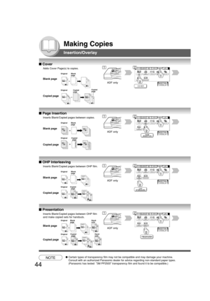 Page 4444
Making Copies
Insertion/Overlay
OHP2 21
+(2)(1)
+
OHP(2)OHP2OHP(1)(2)(1)21
+(2)(1)
+
OHP1
OHP1
OHP2 21
+
OHP(2)OHP2OHP(1)(2)(1)21
+
OHP1
OHP1
+
+
InsertionInsertion
■ Cover
Adds Cover Page(s) to copies.
Blank page
Copied page
2 211+
3243+4
121
Original Blank
page
Original Copied
pageCopied
page
ADF only
■ Page Insertion
Inserts Blank/Copied pages between copies.
Blank page
Copied page
Original Blank
page
Original Copied
page
ADF only
■ OHP Interleaving
Inserts Blank/Copied pages between OHP film....